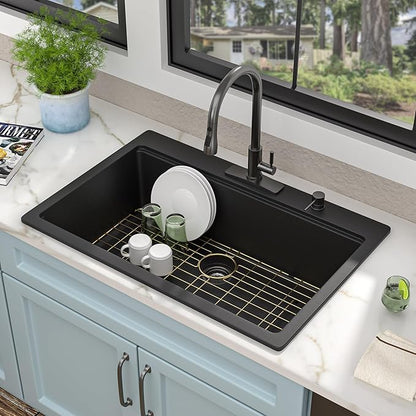 33"x22" Granite Composite Kitchen Sink – Matte Black Ledge Workstation Drop In Top Mount Granite Quartz Classic Luxury Above Counter Single Bowl Sink Basin