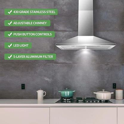 SNDOAS Range Hood 30 inch,Wall Mount Range Hood in Stainless Steel With Ducted/Ductless Convertible,Stove Vent Hood with Aluminum Filters,3 Speed Exhaust Fan,LED Light,Button Control
