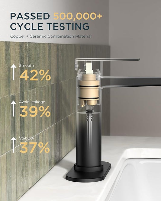 FORIOUS Black Bathroom Faucet 1 Hole, Single Lever Bathroom Sink Faucet Single Hole with Pop-up Drain and Supply Line, Rv Vanity Tap 1 or 3 Hole with Deck Plate for Lavatory Sink Remodel
