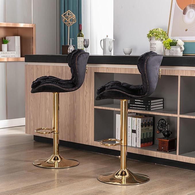 Rhomtree 24-33 Inch Swivel Bar Stools, Adjustable Counter Height Barstools, Velvet Back and Golden Footrest, Bar Chairs for Kitchen Island, Cafe, Bar, Bar Counter, Dining Room, Coffee(Black Set of 2)