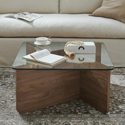 31.5" Square Glass Coffee Table, Mid-Century Modern Coffee Table with Tempered Glass Top and MDF Frame, Center Table for Small Spaces, Living Room, Office, Apartment, Walnut