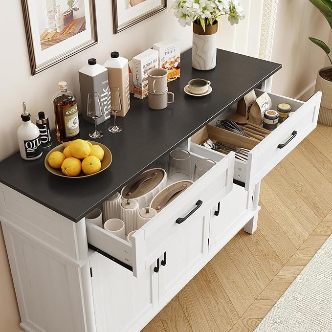 48 Inches Buffet Cabinet with Storage, Farmhouse Sideboard Buffet w/2 Drawers and 3 Doors, Wood Coffee Bar Cabinet with Adjustable Shelves, Sideboard Storage for Kitchen, Living Room, Off White&Black