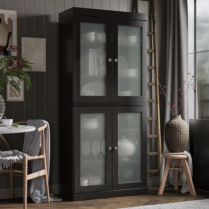 Palace Imports 100% Solid Wood Kitchen Pantry w/ 4 Frosted Glass Doors, Black, 32" w x 71.5" h, Renewable Eco-Friendly Wood, Made in Brazil