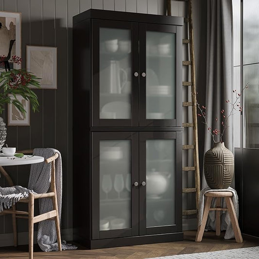 Palace Imports 100% Solid Wood Kitchen Pantry w/ 4 Frosted Glass Doors, Black, 32" w x 71.5" h, Renewable Eco-Friendly Wood, Made in Brazil