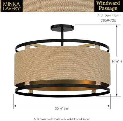 Minka Lavery 3869-726 Windward Passage Semi-Flush, 4-Light, 240 Total Watts, 20.5-in H x 14.13-in W, Coal Black and Soft Brass