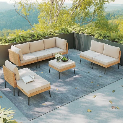 Aoxun 8 Piece Patio Furniture Set, 8 Seats Outdoor Sectional Sofas with Thick Cushion, Wicker Patio Outdoor Furniture Set with Ottomans for Party, Garden, Backyard, Beige