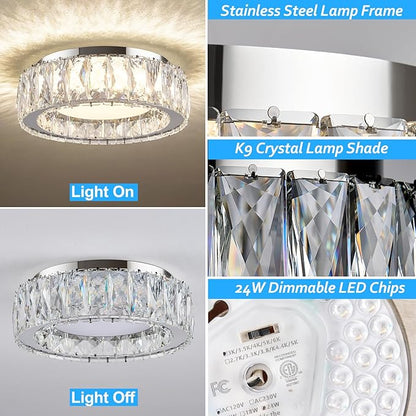 11 Inch Chrome Modern Luxury Crystal Flush Mount Ceiling Light Fixture,5CCT 3000K-6000K 24W,Round Small Dimmable Led Chandelier Hallway Lighting for Entryway,Kitchen,Bedroom,Laundry Room
