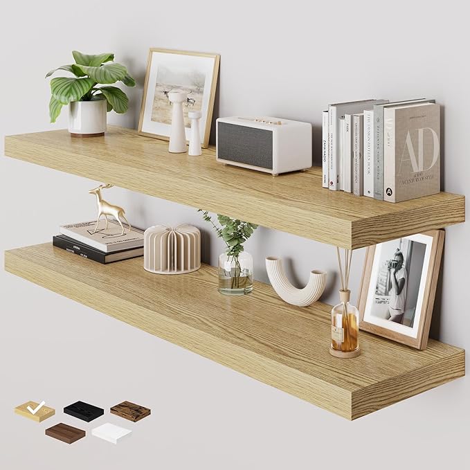 RICHFOCUS Deep Floating Shelves for Wall 2 Pack 12" D 48 Inch Wall Shelves for Room Wall|Wood Hanging Shelf with Invisible Brackets for Bathroom Bedroom Kitchen Laundry Room, Oak
