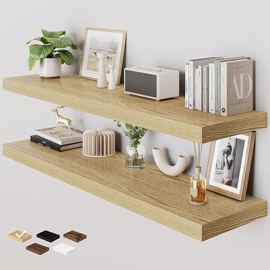 RICHFOCUS Deep Floating Shelves for Wall 2 Pack 12" D 48 Inch Wall Shelves for Room Wall|Wood Hanging Shelf with Invisible Brackets for Bathroom Bedroom Kitchen Laundry Room, Oak