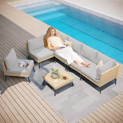 Aoxun 7-Piece Patio Furniture Set, Wicker Outdoor Furniture with Water Resistant Thick Cushions, Patio Conversation Set Outdoor Sectional Sofa with Coffee Table for Backyard Poolside, Light Grey