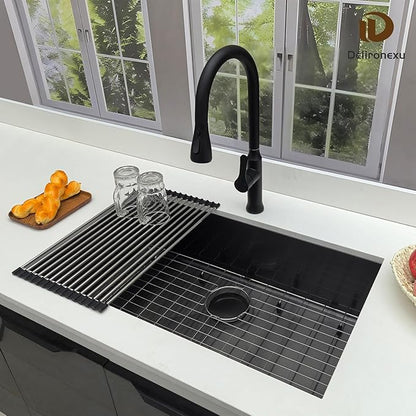 32 Inch Black Kitchen Sink Undermount - Delironexu Undermount Kitchen Sink Black, 16 Gauge Stainless Steel kitchen Sinks Single Bowl, 32''x18'' black Stainless Steel sink with 4 Accessories