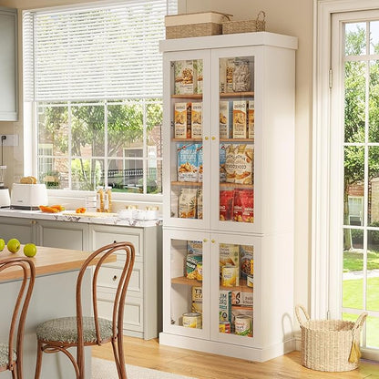 70.8" Farmhouse Kitchen Pantry Cabinet with Glass Doors, Modular Storage Cabinet with 6-Tier Adjustable Shelves, Large Storage Cabinet for Kitchen or Living Room, Set of 4, White
