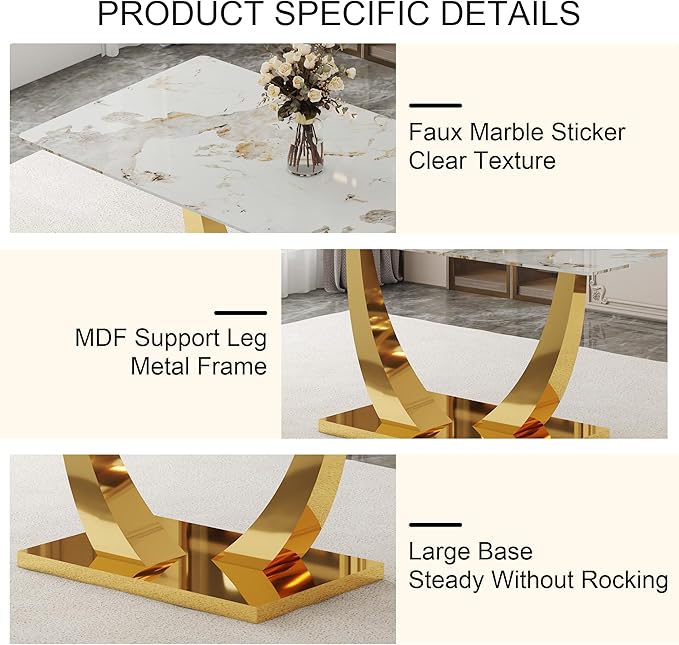 Faux Marble Dining Table, 71" Dining Room Table with Rectangular Tempered Glass Top for 6-8, Modern Kitchen Table with Golden U-Shaped Base, Contemporary Kitchen Dining Room Furniture