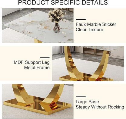 Faux Marble Dining Table, 71" Dining Room Table with Rectangular Tempered Glass Top for 6-8, Modern Kitchen Table with Golden U-Shaped Base, Contemporary Kitchen Dining Room Furniture