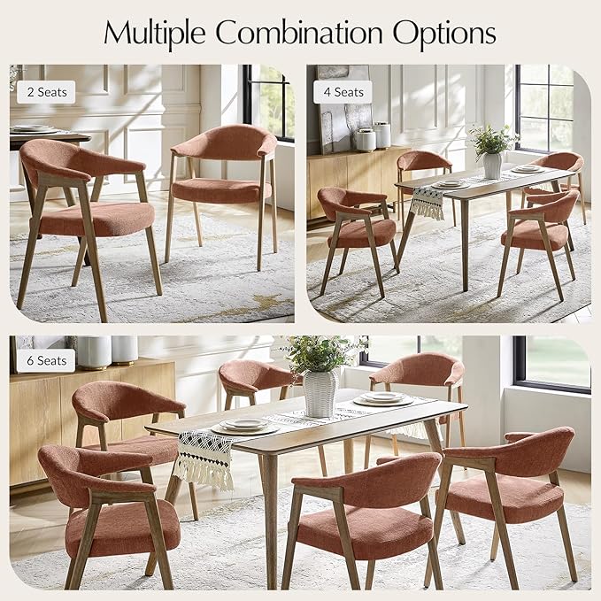 HULALA HOME Dining Chairs Set of 6, Mid-Century Modern Upholstered Dining Room Chair with Armrest, Curved Backtrst & Solid Wood Legs, Kitchen Side Chairs for Resurant, Living Room - Coral