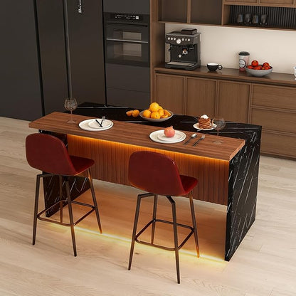 Montary 63-inch Modern Kitchen Island and Dining Table Set with 2 Swivel Stools, Marble-Look Countertop with LED Lights and Metal Grille Design, for Kitchen, Living Room,Black & Brown