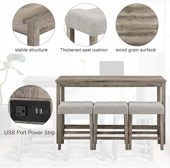 LKTART 4 Piece Bar Table Set Dining Bar Table and Chairs Set with Power Outlet Industrial Breakfast Table with 3 Padded Stools Rustic Bar Kitchen Dinning Room Living Room Brown