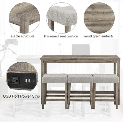 LKTART 4 Piece Bar Table Set Dining Bar Table and Chairs Set with Power Outlet Industrial Breakfast Table with 3 Padded Stools Rustic Bar Kitchen Dinning Room Living Room Brown