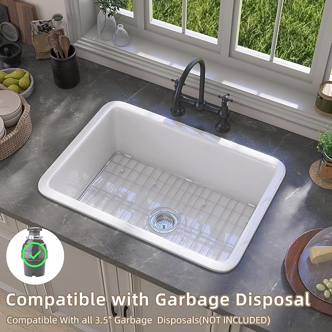 GETPRO White Undermount Kitchen Sink 27 inch Fireclay Porcelain Farmhouse Sink Drop in 27X19 Single Bowl Topmount Deep Farm House Style Easy to Clean for Bar, Kitchen, Laundry, Outdoor