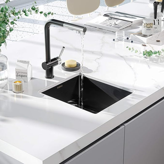 TORVA 15 x 17 Inch Gloss Black Ceramic Coating with NanoTek Undermount Kitchen Sink, PVD Coated Gunmetal Sink16 Gauge Stainless Steel Wet Bar or Prep Sinks Single Bowl, Fits 18" Cabinet,Dark Gray