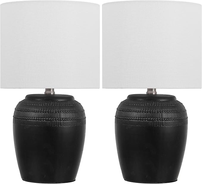JONATHAN Y 16.75" Black/Nickel Ceramic Table Lamp Set of 2, Rustic Traditional Reeded Vase Lamps with White Linen Shade for Bedroom Living Room Decor JYL5707A-SET2