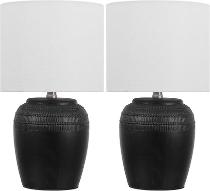 JONATHAN Y 16.75" Black/Nickel Ceramic Table Lamp Set of 2, Rustic Traditional Reeded Vase Lamps with White Linen Shade for Bedroom Living Room Decor JYL5707A-SET2