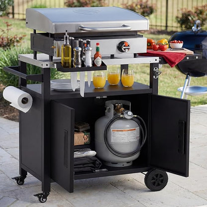 Outdoor Kitchen Island with Stainless Steel Top and Storage Cabinet, Metal Kitchen Island with Foldable Table and Hooks & Spice Rack, Rolling Grill Cart with Wheels and Waterproof Cover Included Black
