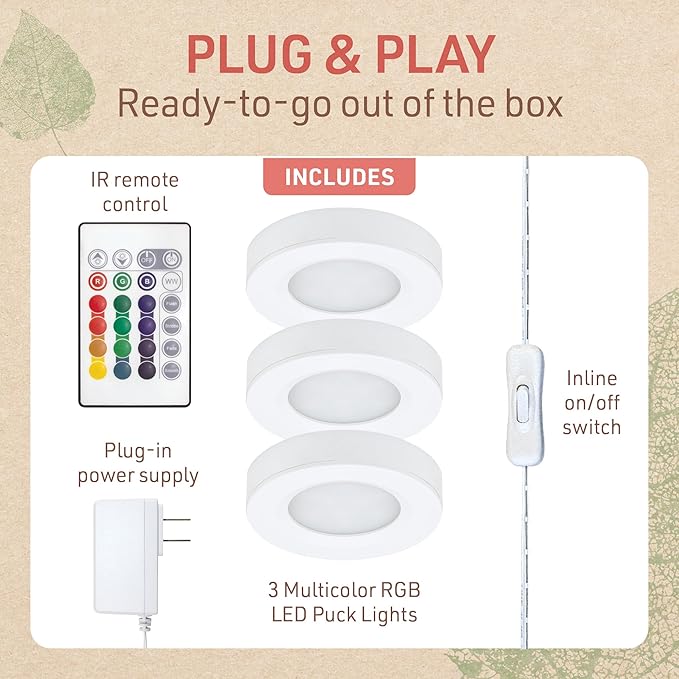 Under Cabinet LED Puck Lighting Kit with 3 RGB Multicolor LED Puck Lights, Remote, On/Off Switch & Plug in 333310