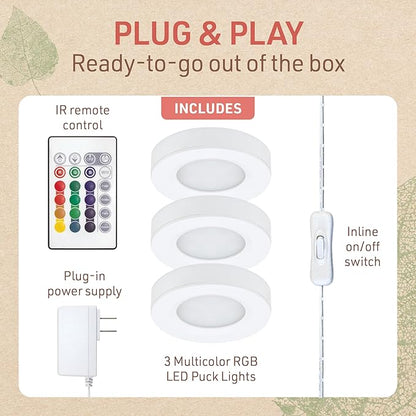 Under Cabinet LED Puck Lighting Kit with 3 RGB Multicolor LED Puck Lights, Remote, On/Off Switch & Plug in 333310