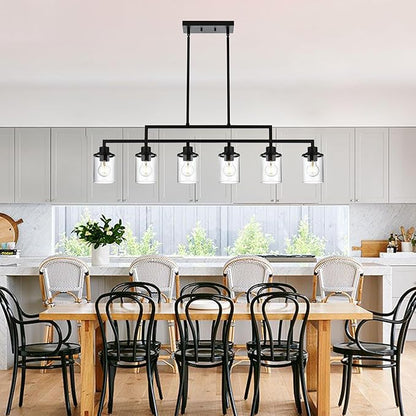 43.3" Kitchen Island Lighting, 6-Light Dining Room Light Fixture,Black Chandelier Farmhouse Linear Pendant Lighting for Kitchen Island Dining Table Living Room, Height Adjustable