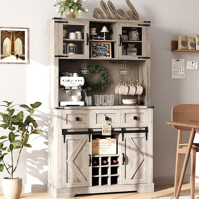 IDEALHOUSE 72" Coffee Bar Cabinet with Storage, Farmhouse Large Kitchen Pantry Hutch with Sliding Barn Door, Tall Grey Buffet Cabinet with 3 Drawer and Wine & Glasses Rack, for Living Dining Room