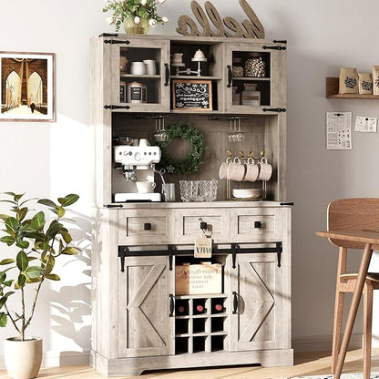 IDEALHOUSE 72" Coffee Bar Cabinet with Storage, Farmhouse Large Kitchen Pantry Hutch with Sliding Barn Door, Tall Grey Buffet Cabinet with 3 Drawer and Wine & Glasses Rack, for Living Dining Room
