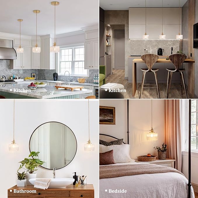 Shenmoyl Pendant Light with Clear Striped Glass Lmapshade, Brass Vintage Pendant Light Adjustable Hanging Light for Kitchen Island Dining Room Hallway