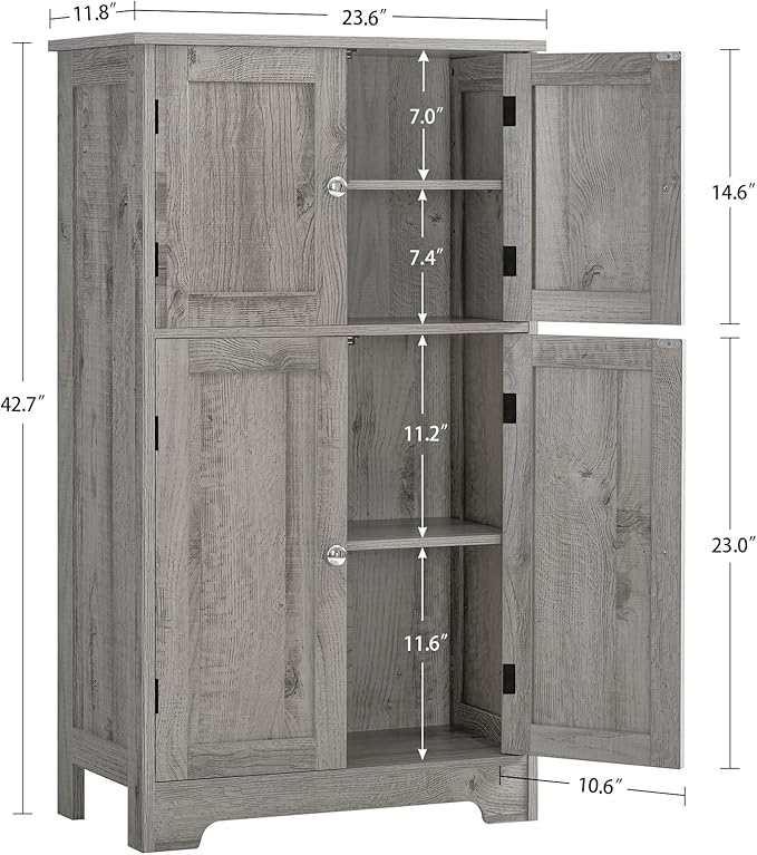 TEENFON Bathroom Floor Storage Cabinet, Freestanding Bathroom Storage Unit with 2 Adjustable Shelves & 4 Doors, 11.8 x 23.6 x 42.7 Inches, Grey