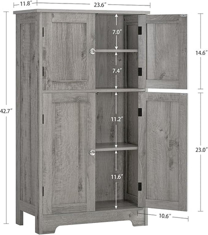 TEENFON Bathroom Floor Storage Cabinet, Freestanding Bathroom Storage Unit with 2 Adjustable Shelves & 4 Doors, 11.8 x 23.6 x 42.7 Inches, Grey