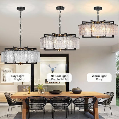 Modern Crystal Chandelier Black, 8-Light Modern Glass Pendant,Crystal Dining Room Light Fixture for High Ceiling Foyer | Large Kitchen Island | Sloped Ceiling Entryway | 30 Inches
