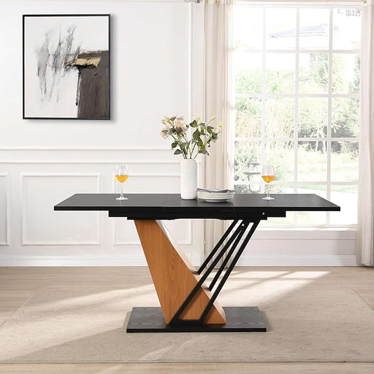 62" Extendable Island Table, Rustic Dining Table with Metal Frame, Mid Century Dining Table with MDF Top for Kitchen Dining Office, Black Brown