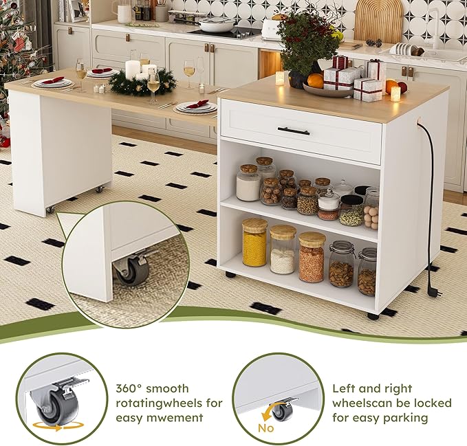 SOFTSEA Extendable Dining Table with Drawer & Shelves, 31.5" to 80" Mobile Kitchen Island Table with USB Ports, Foldable Kitchen Cabinet for Dining Room Living Room, White