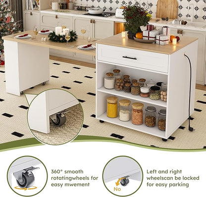 SOFTSEA Extendable Dining Table with Drawer & Shelves, 31.5" to 80" Mobile Kitchen Island Table with USB Ports, Foldable Kitchen Cabinet for Dining Room Living Room, White