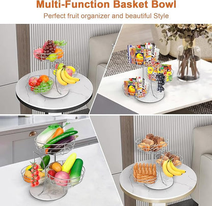 Livabber Fruit Basket Bowl with Banana Hanger, Metal Fruit Vegetable Storage Basket with Banana Holder for Kitchen Counter, Detachable Organizer for Bread Snack Produce (Chrome, 3-Tier Marble Base)