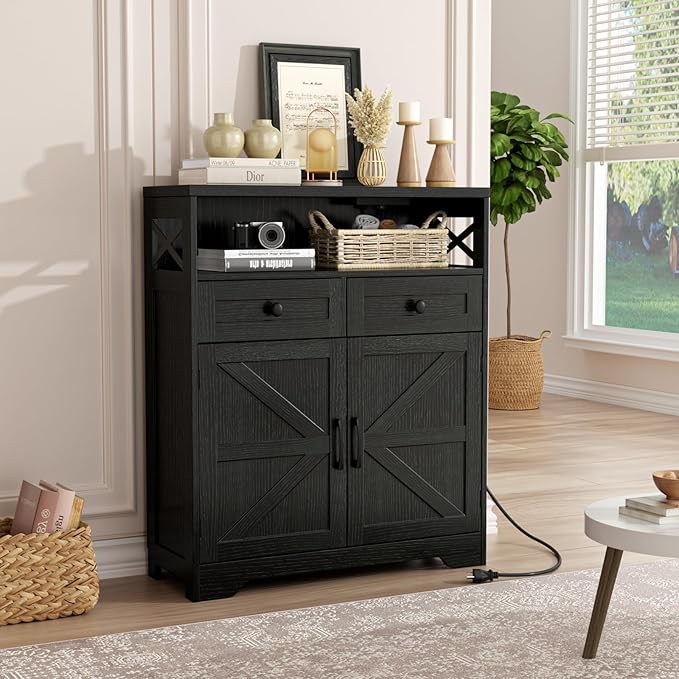 FiveWillowise 31.5" Black Storage Cabinet with Drawers and Shelf, Farmhouse Sideboard Buffet with Storage, Kitchen Pantry Hutch, Coffee Bar Cabinet Station Table for Kitchen, Living, Dining Room