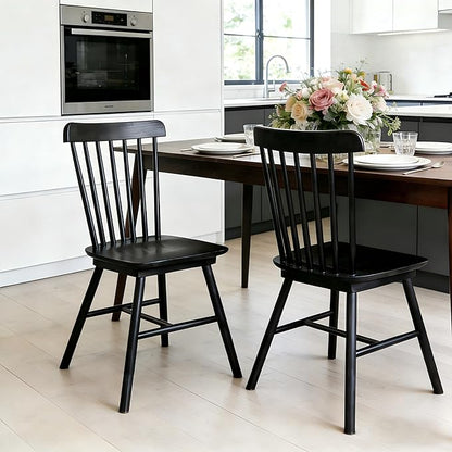 Windsor Dining Chairs Set of 4, Farmhouse Solid Wood Kitchen Chair with Spindle Back, Modern Side Dining Chairs Set for Dining Room, Kitchen, Restaurant, Black