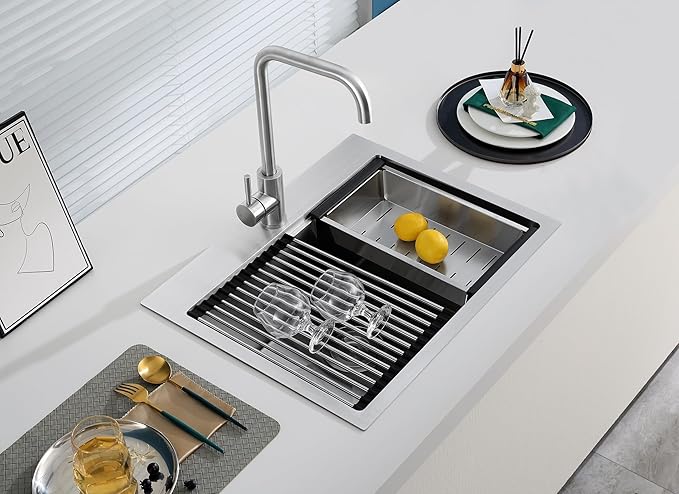 MENATT 23 Inch Kitchen Sink Drop In, 18 Gauge Stainless Steel Topmount Single Faucet Hole Single Bowl Ledge Workstation Kitchen Sink (Brushed)