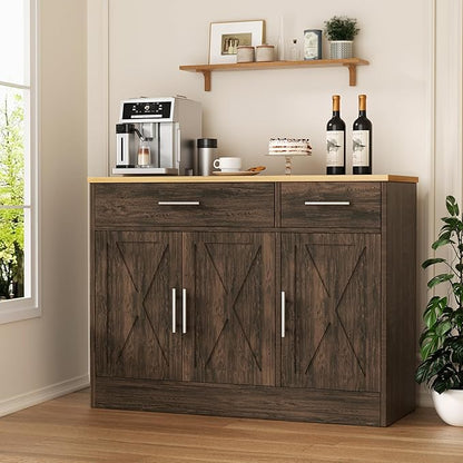 Shintenchi 3 Doors Farmhouse Sideboard Buffet Cabinet,42" Barn Doors Buffet with Storage,Wood Coffee Bar Cabinet with Adjustable Shelf for Kitchen,Living Room,Brown