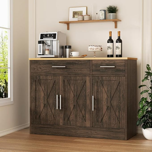 Shintenchi 3 Doors Farmhouse Sideboard Buffet Cabinet,42" Barn Doors Buffet with Storage,Wood Coffee Bar Cabinet with Adjustable Shelf for Kitchen,Living Room,Brown