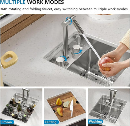 13"x15" Undermount RV Kitchen Sink Workstation – 16 Gauge 304 Stainless Steel Under Counter Single Bowl Basin with Foldable Faucet for RV, Camper, Mobile Home, Wet Bar, Outdoor Kitchen