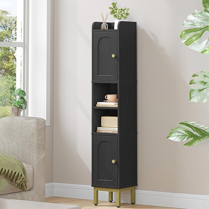 Hzuaneri Slim Bathroom Storage Cabinet, Narrow Bathroom Organizers and Storage with 4 Adjustable Feet, Laundry Room Organization for Small Space, Kitchen, Living Room, 2 Doors Black BC22404G