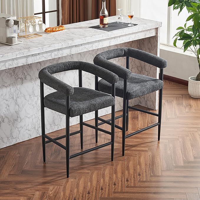 Modern Upholstered Bar Stools Set of 2, Boucle Fabric Counter Height Chairs with Metal e Armrests, Kitchen Island Bar Chairs for Home, Dining Room, Cafe,Dark Grey