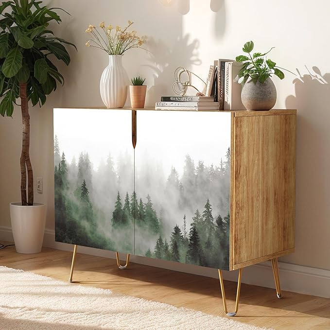 SIGNWIN Sideboard Buffet Cabinet, Kitchen Storage Cabinet with 2 Doors, Mist & Fog Pine Tree Forest Landscape, Cupboard Console Table for Dining Room - 35" L x 18" W x 29" H