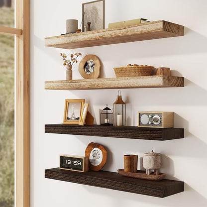 Solid Wood Floating Shelves for Wall 24"W x 8"D x 1.56"H Set of 2, Deep Wall Shelves for Living Room Bedroom Bathroom Kitchen Decor Storage with Invisible Heavy-Duty Metal Bracket, Rustic Brown